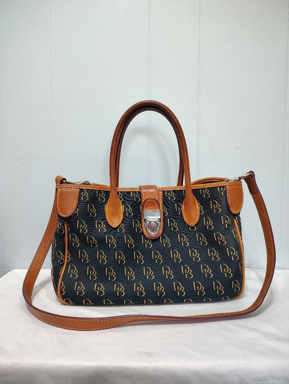 Vintage Dooney & Bourke DB Monogram Satchel Brown Tan Leather Trim Crossbody